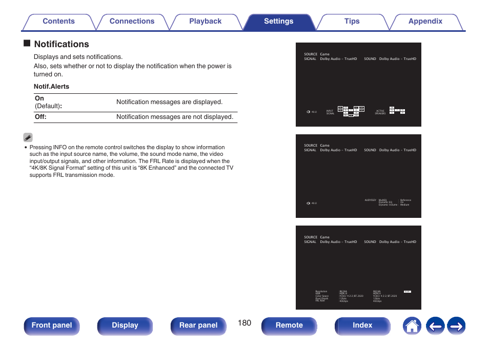 P. 180), Onotifications, Front panel display rear panel remote index | Denon AVR-S660H 5.2-Channel Network A/V Receiver User Manual | Page 180 / 242