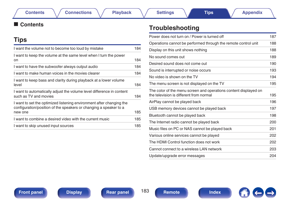 Tips, Troubleshooting, Ocontents | Denon AVR-S660H 5.2-Channel Network A/V Receiver User Manual | Page 183 / 242