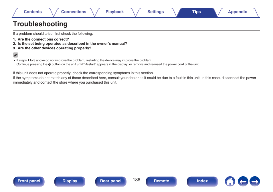 Troubleshooting | Denon AVR-S660H 5.2-Channel Network A/V Receiver User Manual | Page 186 / 242