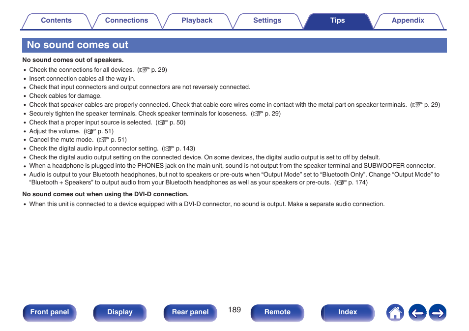 No sound comes out | Denon AVR-S660H 5.2-Channel Network A/V Receiver User Manual | Page 189 / 242