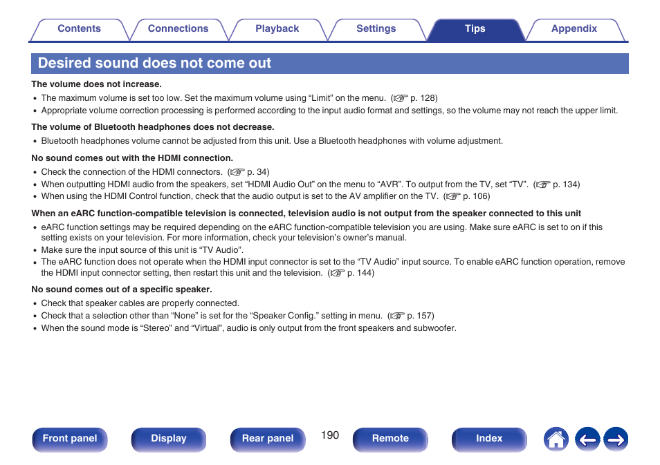 Desired sound does not come out | Denon AVR-S660H 5.2-Channel Network A/V Receiver User Manual | Page 190 / 242