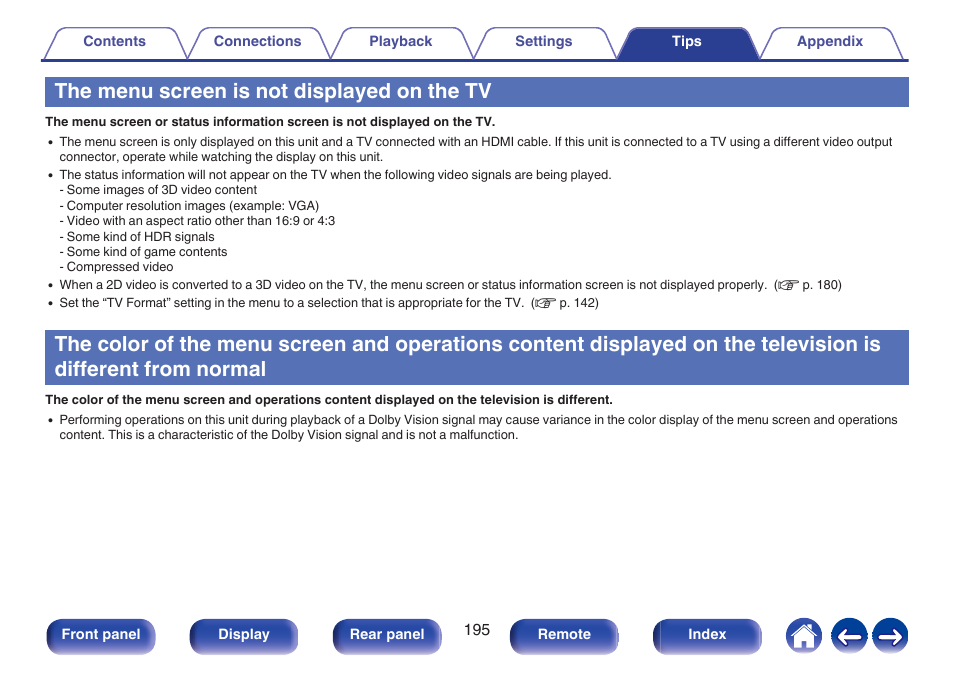 The menu screen is not displayed on the tv, On the television is different from normal | Denon AVR-S660H 5.2-Channel Network A/V Receiver User Manual | Page 195 / 242