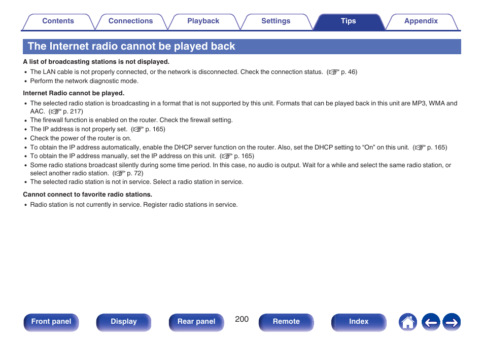 The internet radio cannot be played back | Denon AVR-S660H 5.2-Channel Network A/V Receiver User Manual | Page 200 / 242