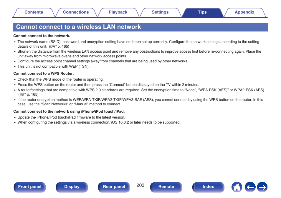 Cannot connect to a wireless lan network | Denon AVR-S660H 5.2-Channel Network A/V Receiver User Manual | Page 203 / 242