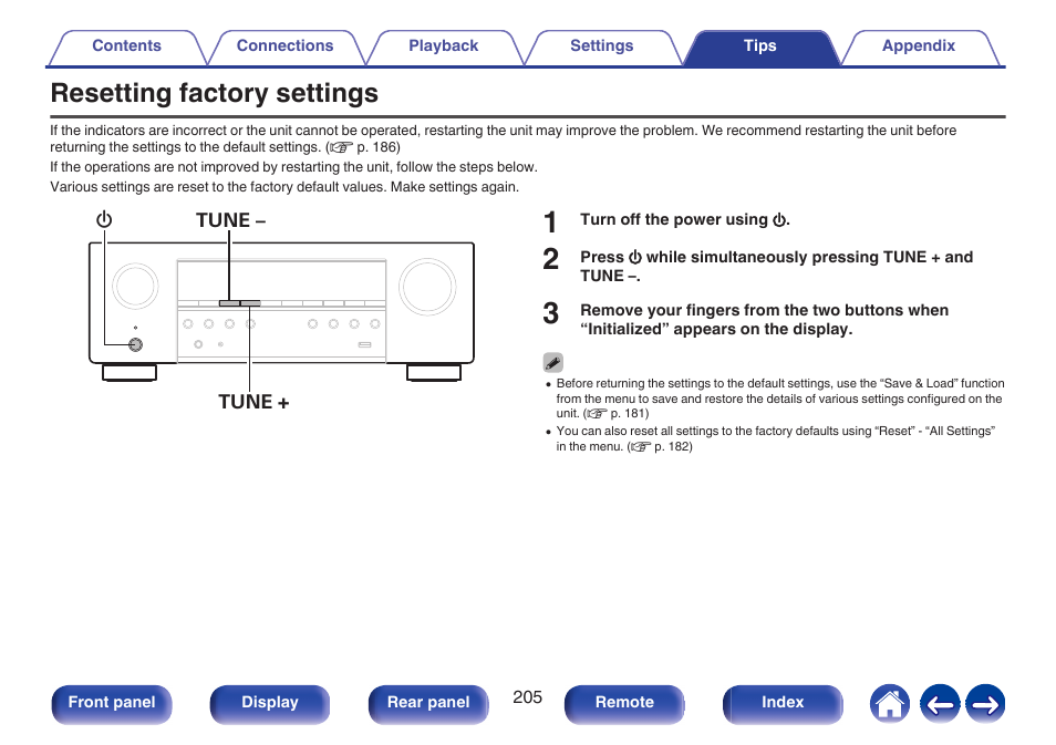 Resetting factory settings, Factory settings | Denon AVR-S660H 5.2-Channel Network A/V Receiver User Manual | Page 205 / 242