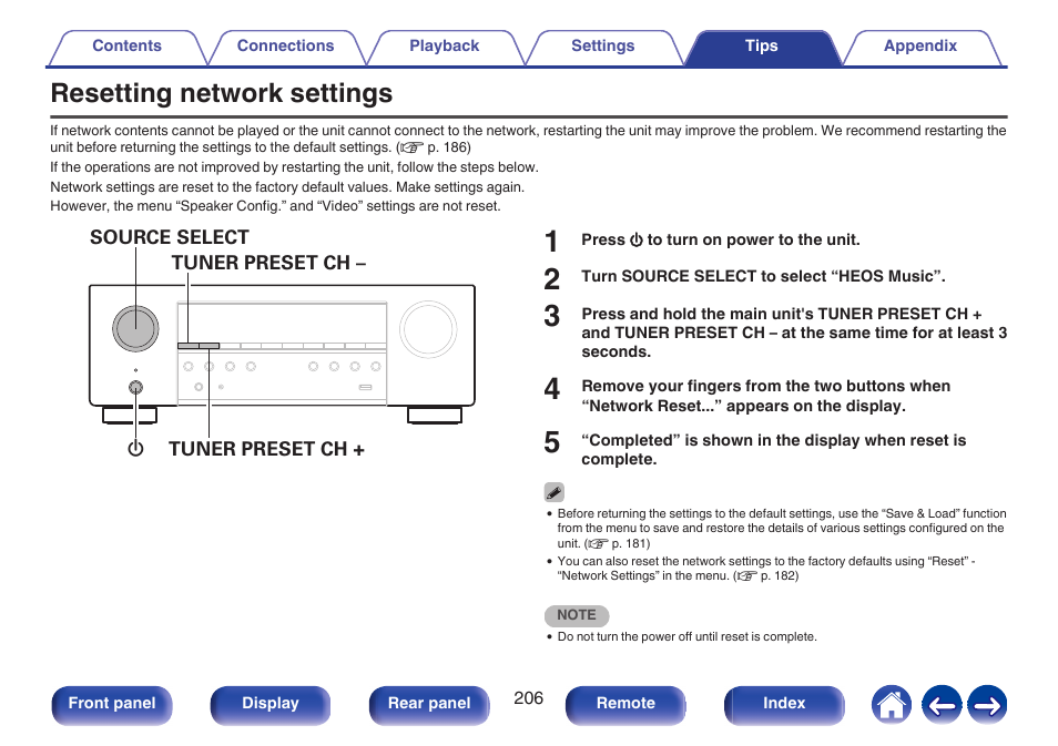 Resetting network settings, P. 206) | Denon AVR-S660H 5.2-Channel Network A/V Receiver User Manual | Page 206 / 242