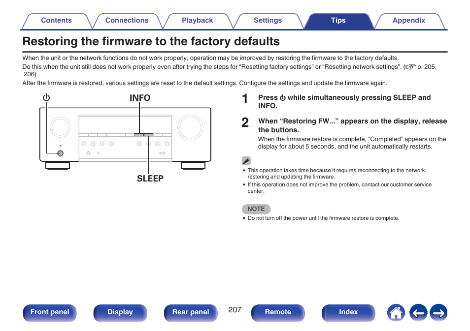 Restoring the firmware to the factory defaults | Denon AVR-S660H 5.2-Channel Network A/V Receiver User Manual | Page 207 / 242