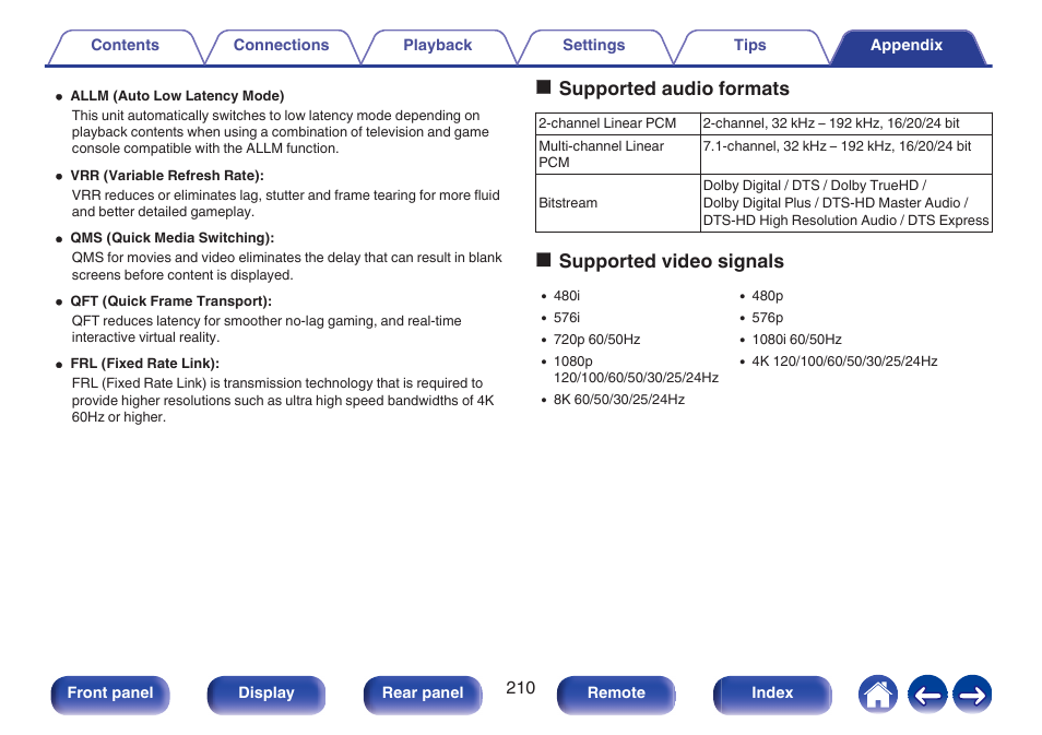 P. 210), Osupported audio formats, Osupported video signals | Denon AVR-S660H 5.2-Channel Network A/V Receiver User Manual | Page 210 / 242