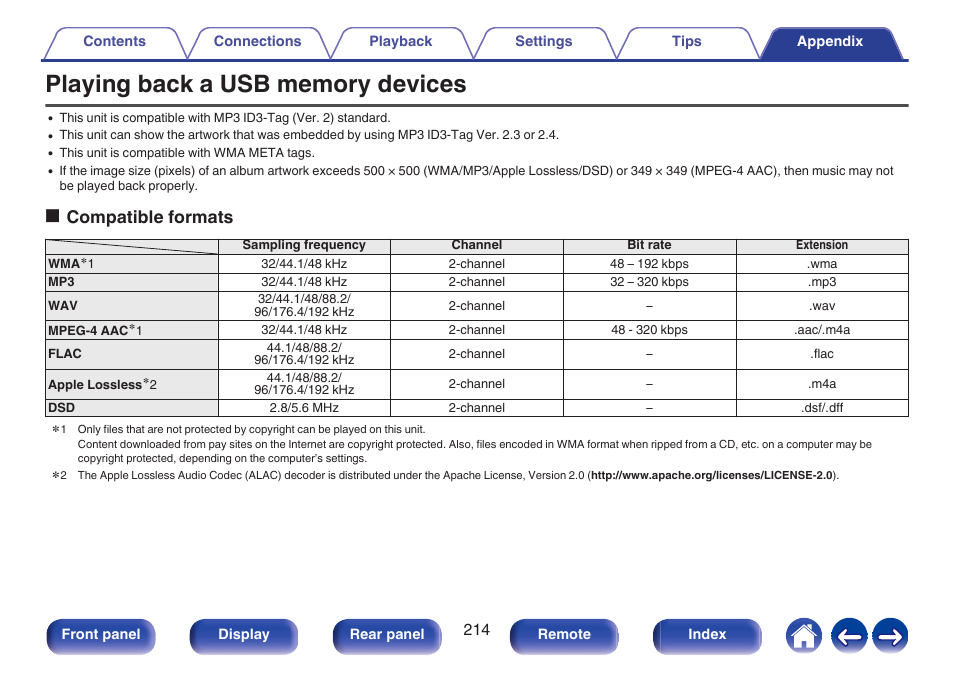 Playing back a usb memory devices, See “playing back a usb memory devices, P. 214) for details | P. 214), Ocompatible formats | Denon AVR-S660H 5.2-Channel Network A/V Receiver User Manual | Page 214 / 242
