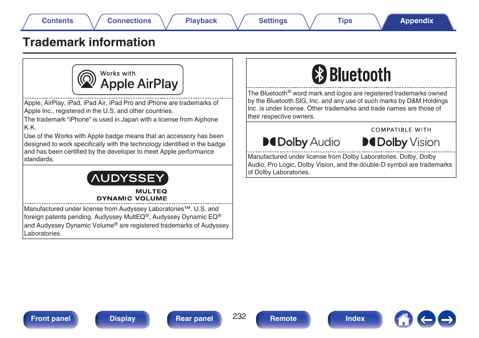 Trademark information | Denon AVR-S660H 5.2-Channel Network A/V Receiver User Manual | Page 232 / 242