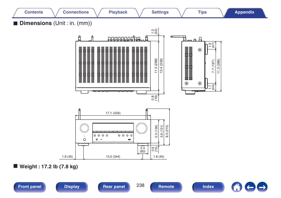 Dimensions (unit : in. (mm)) | Denon AVR-S660H 5.2-Channel Network A/V Receiver User Manual | Page 238 / 242