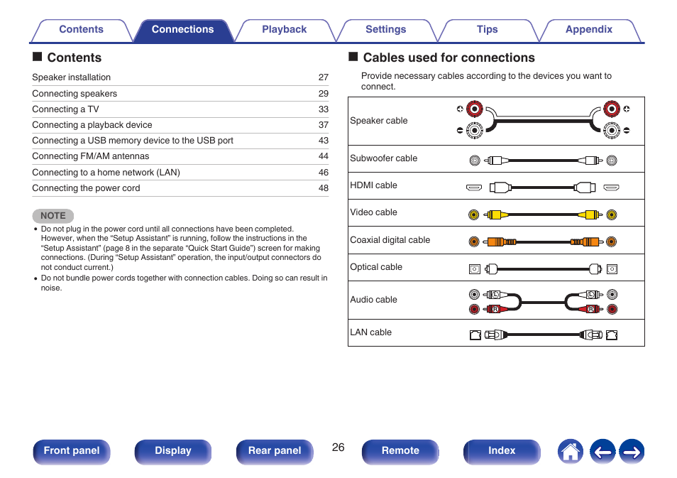 Connections, Ocontents, Ocables used for connections | Front panel display rear panel remote index | Denon AVR-S660H 5.2-Channel Network A/V Receiver User Manual | Page 26 / 242