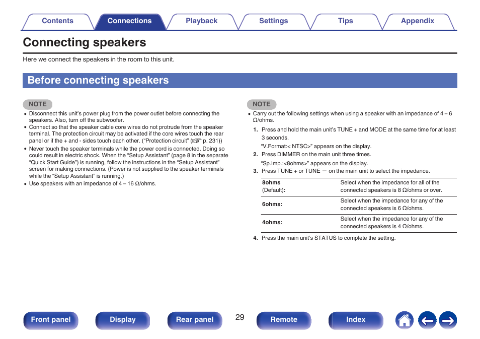 Connecting speakers, Before connecting speakers, P. 29) | Denon AVR-S660H 5.2-Channel Network A/V Receiver User Manual | Page 29 / 242