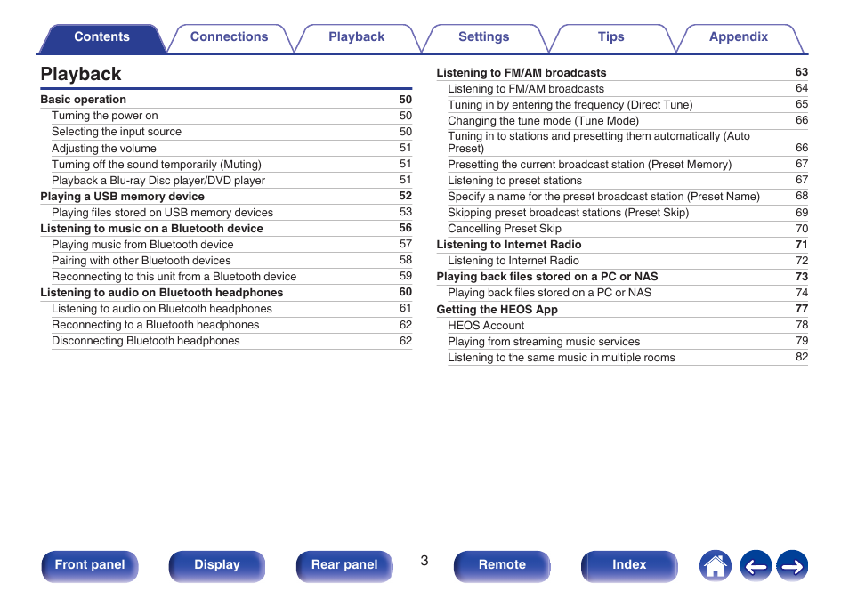 Playback | Denon AVR-S660H 5.2-Channel Network A/V Receiver User Manual | Page 3 / 242