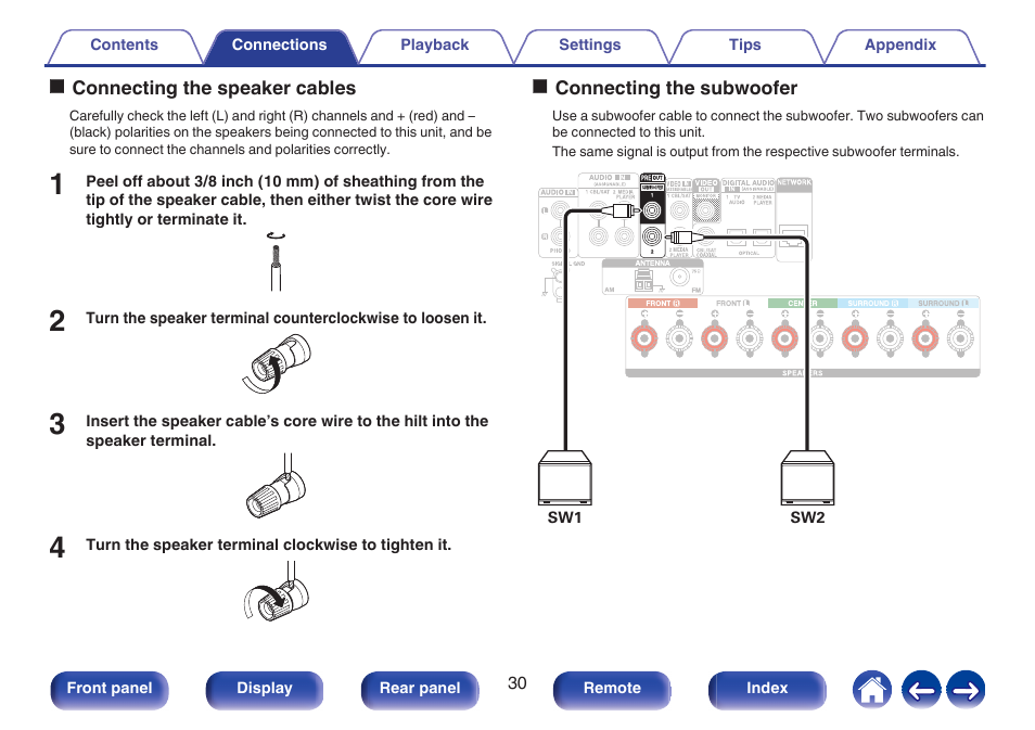 P. 30), Oconnecting the speaker cables, Oconnecting the subwoofer | Denon AVR-S660H 5.2-Channel Network A/V Receiver User Manual | Page 30 / 242