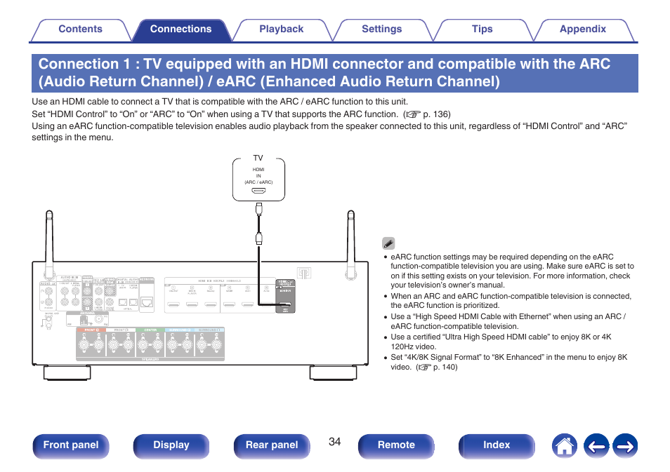 Enhanced audio return channel), Audio return channel), P. 34) | Connection 1 : tv equipped with an hdmi, Connector and compatible with the arc (audio, Return channel) / earc (enhanced audio, Return channel) | Denon AVR-S660H 5.2-Channel Network A/V Receiver User Manual | Page 34 / 242