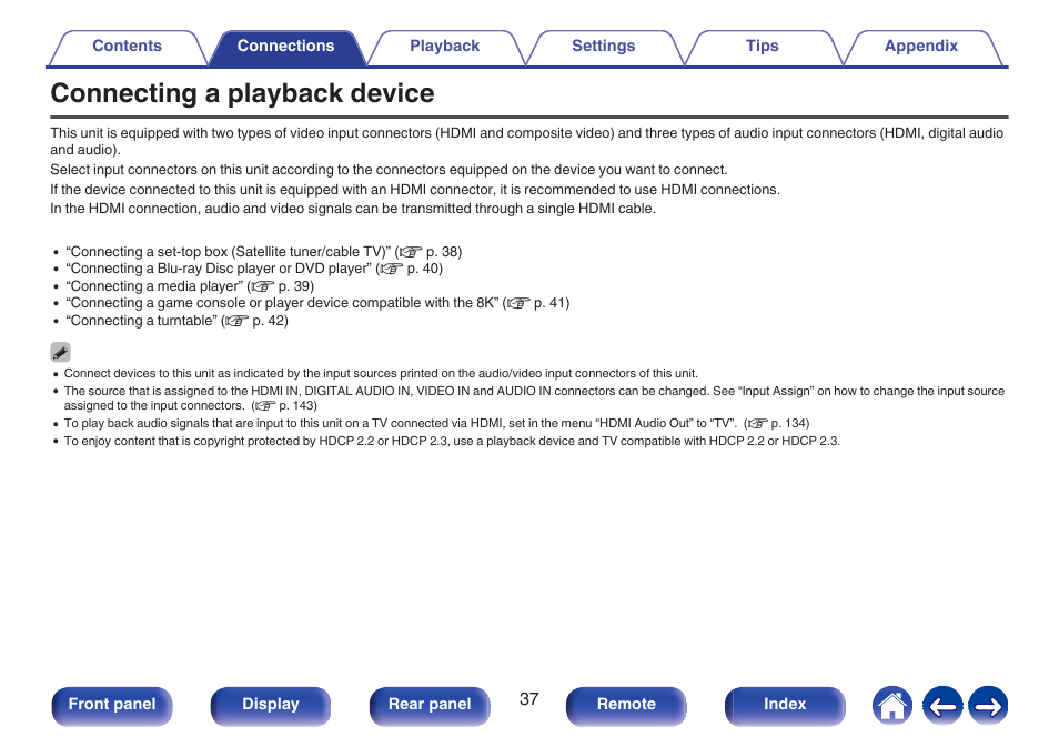 Connecting a playback device | Denon AVR-S660H 5.2-Channel Network A/V Receiver User Manual | Page 37 / 242