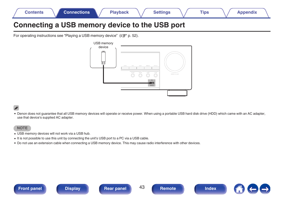 Connecting a usb memory device to the usb port, P. 43) | Denon AVR-S660H 5.2-Channel Network A/V Receiver User Manual | Page 43 / 242