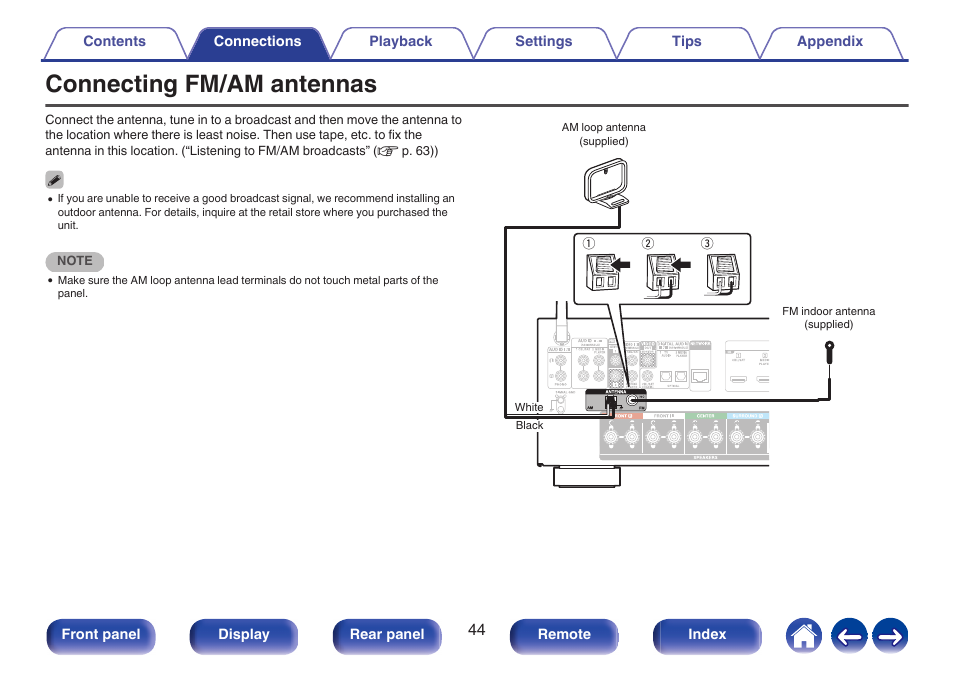 Connecting fm/am antennas, Used to connect fm antennas and am loop antennas, P. 44) | Denon AVR-S660H 5.2-Channel Network A/V Receiver User Manual | Page 44 / 242