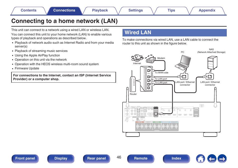 Connecting to a home network (lan), Wired lan, Network | P. 46) | Denon AVR-S660H 5.2-Channel Network A/V Receiver User Manual | Page 46 / 242