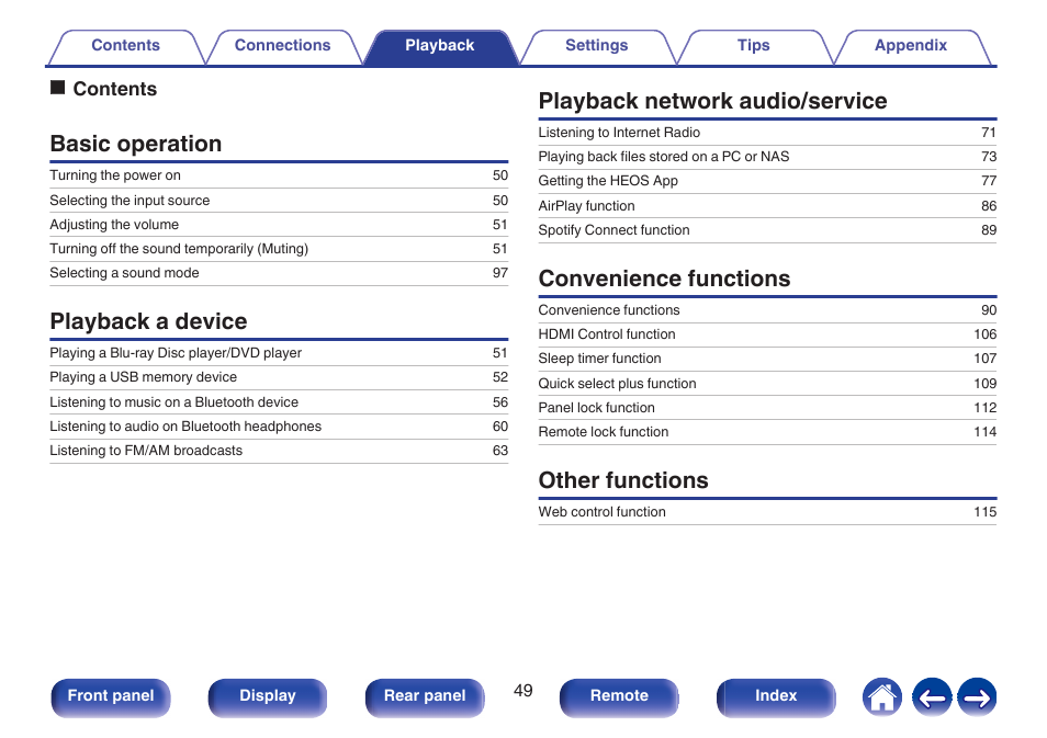 Playback, Basic operation, Playback a device | Playback network audio/service, Convenience functions, Other functions, Ocontents | Denon AVR-S660H 5.2-Channel Network A/V Receiver User Manual | Page 49 / 242
