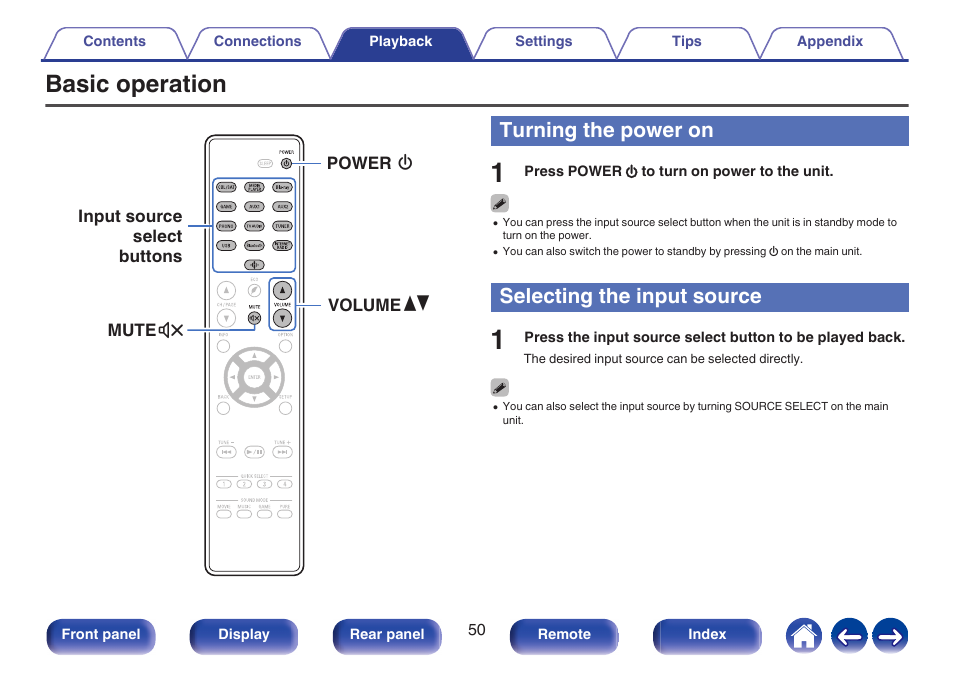 Basic operation, Turning the power on, Selecting the input source | Used to turn the power on/off (standby), P. 50), This selects the input source, These selects the input source | Denon AVR-S660H 5.2-Channel Network A/V Receiver User Manual | Page 50 / 242