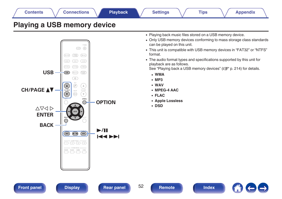 Playing a usb memory device, P. 52), 1/ 3 8 9 usb uio p enter ch/page df back option | Denon AVR-S660H 5.2-Channel Network A/V Receiver User Manual | Page 52 / 242
