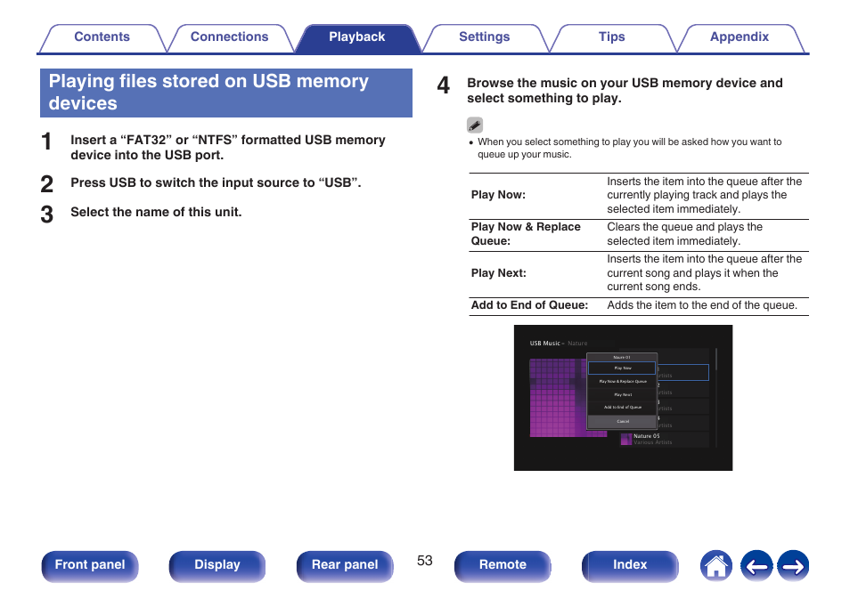 Playing files stored on usb memory devices | Denon AVR-S660H 5.2-Channel Network A/V Receiver User Manual | Page 53 / 242