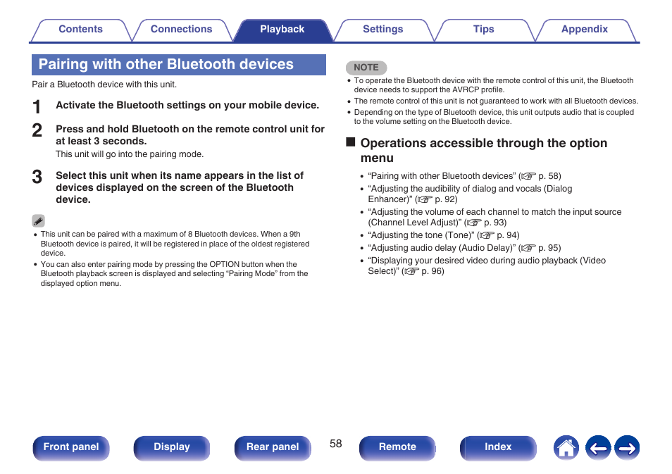 Pairing with other bluetooth devices, Ooperations accessible through the option menu | Denon AVR-S660H 5.2-Channel Network A/V Receiver User Manual | Page 58 / 242