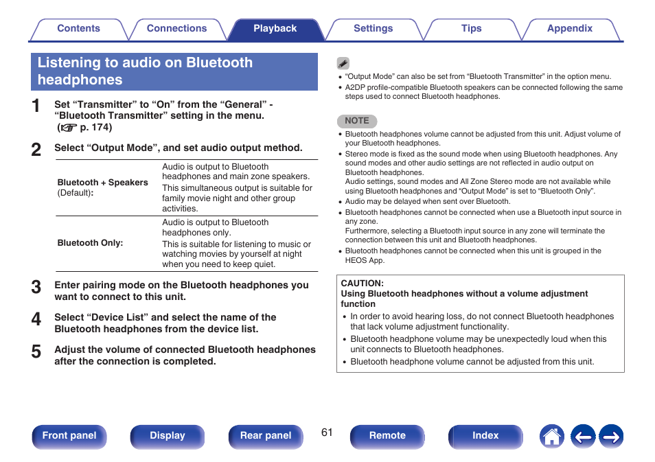 Listening to audio on bluetooth headphones | Denon AVR-S660H 5.2-Channel Network A/V Receiver User Manual | Page 61 / 242