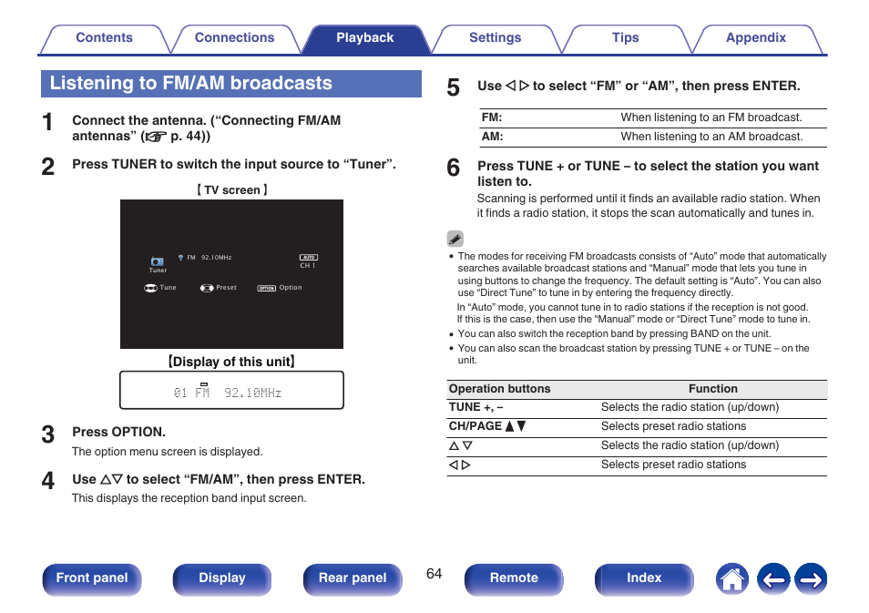 Listening to fm/am broadcasts, Select either fm broadcast or am broadcast, P. 64) | This switches the reception band, These select either fm broadcast or am broadcast | Denon AVR-S660H 5.2-Channel Network A/V Receiver User Manual | Page 64 / 242