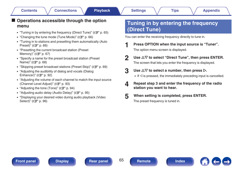 Tuning in by entering the frequency (direct tune) | Denon AVR-S660H 5.2-Channel Network A/V Receiver User Manual | Page 65 / 242