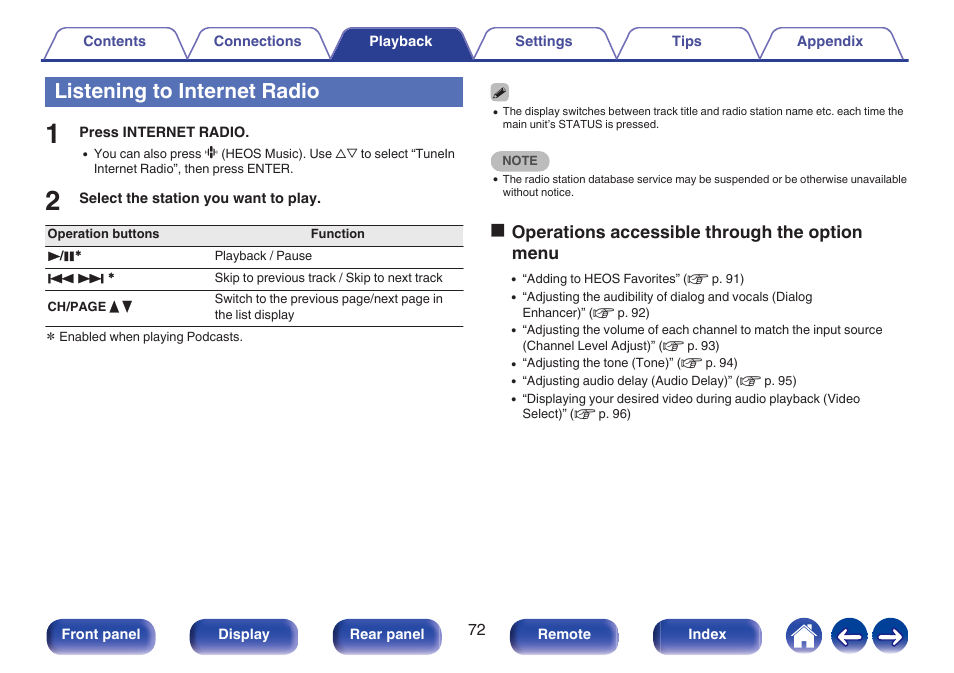 Listening to internet radio, Ooperations accessible through the option menu | Denon AVR-S660H 5.2-Channel Network A/V Receiver User Manual | Page 72 / 242