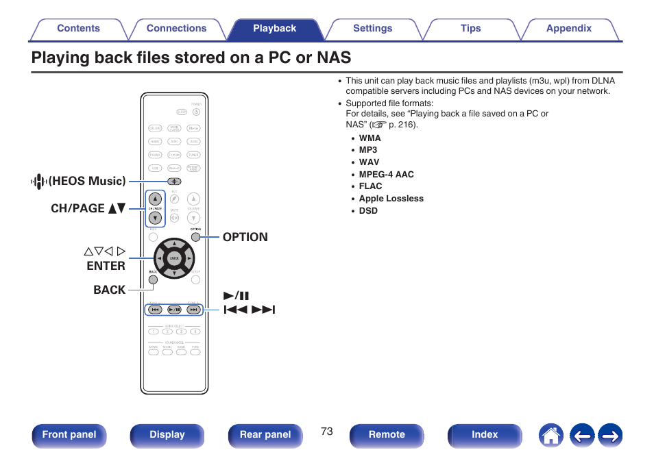 Playing back files stored on a pc or nas | Denon AVR-S660H 5.2-Channel Network A/V Receiver User Manual | Page 73 / 242