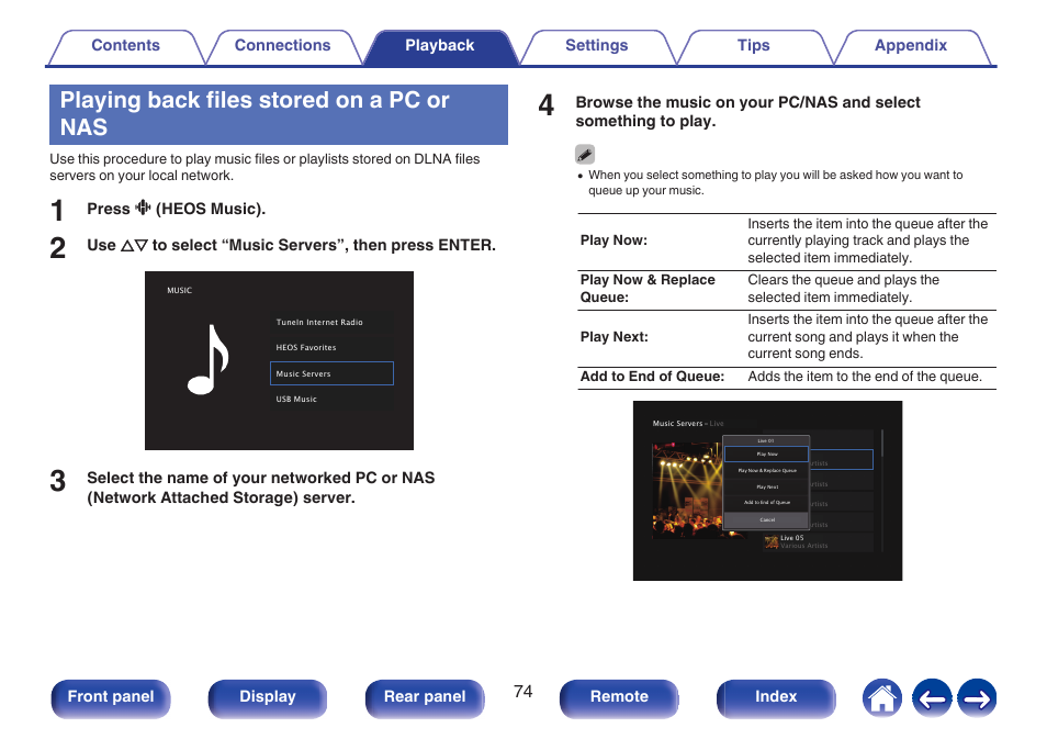 Playing back files stored on a pc or nas | Denon AVR-S660H 5.2-Channel Network A/V Receiver User Manual | Page 74 / 242