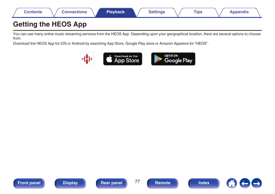 Getting the heos app | Denon AVR-S660H 5.2-Channel Network A/V Receiver User Manual | Page 77 / 242