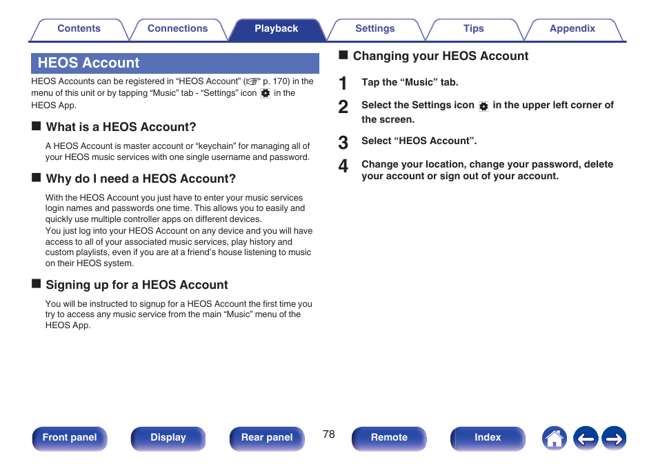 Heos account | Denon AVR-S660H 5.2-Channel Network A/V Receiver User Manual | Page 78 / 242