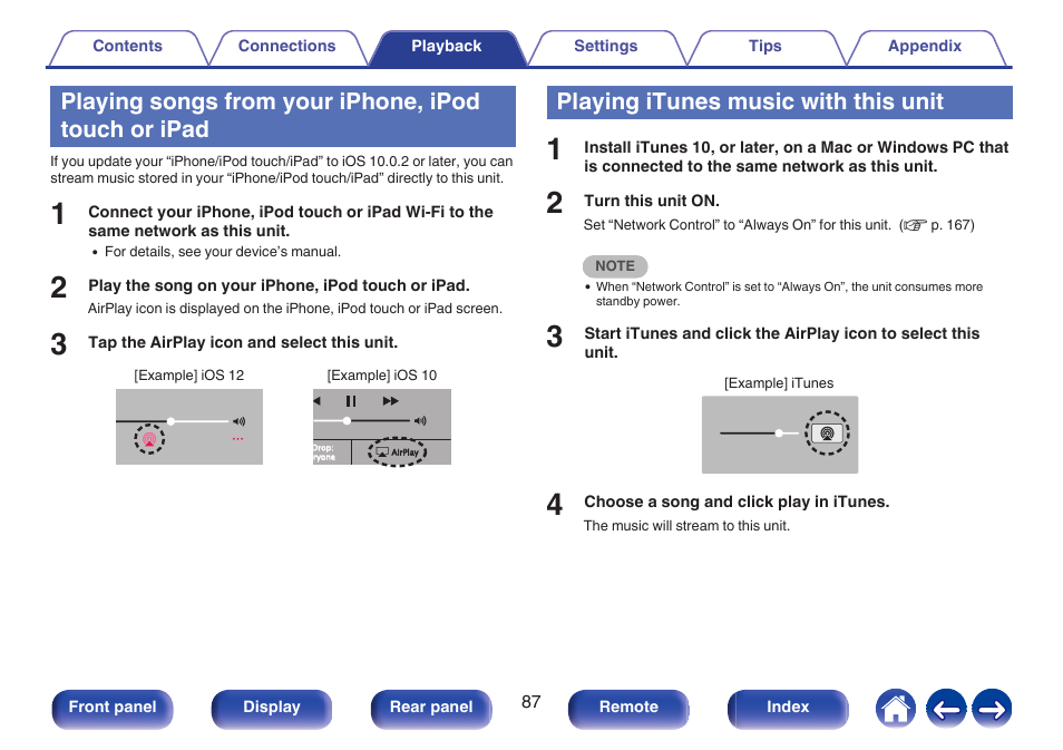 Playing songs from your iphone, ipod touch or ipad, Playing itunes music with this unit | Denon AVR-S660H 5.2-Channel Network A/V Receiver User Manual | Page 87 / 242