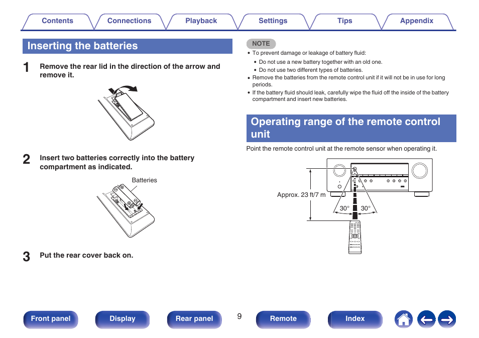 Inserting the batteries, Operating range of the remote control unit | Denon AVR-S660H 5.2-Channel Network A/V Receiver User Manual | Page 9 / 242