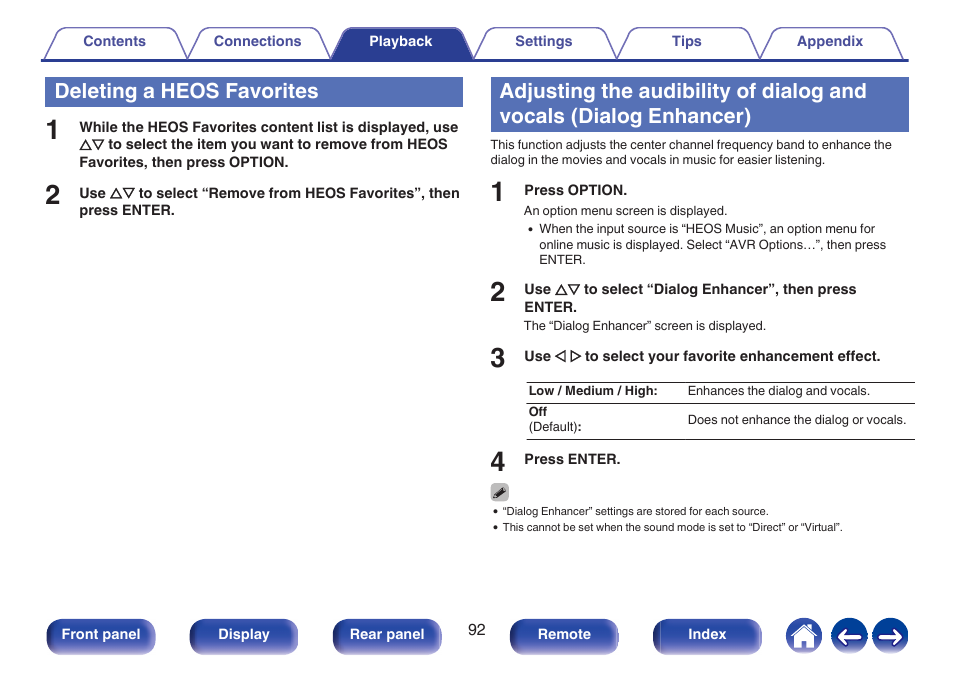 Deleting a heos favorites, Enhancer), P. 92) | Denon AVR-S660H 5.2-Channel Network A/V Receiver User Manual | Page 92 / 242