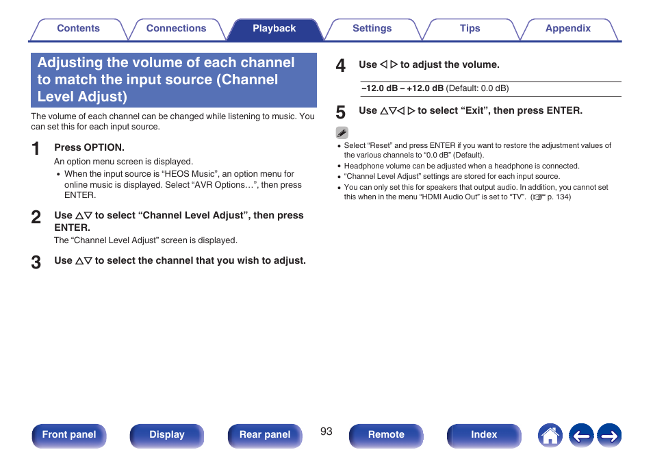 Channel level adjust), P. 93) | Denon AVR-S660H 5.2-Channel Network A/V Receiver User Manual | Page 93 / 242