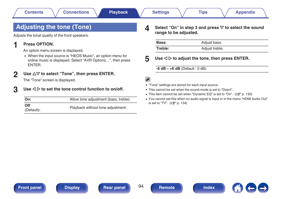 Adjusting the tone (tone), P. 94) | Denon AVR-S660H 5.2-Channel Network A/V Receiver User Manual | Page 94 / 242