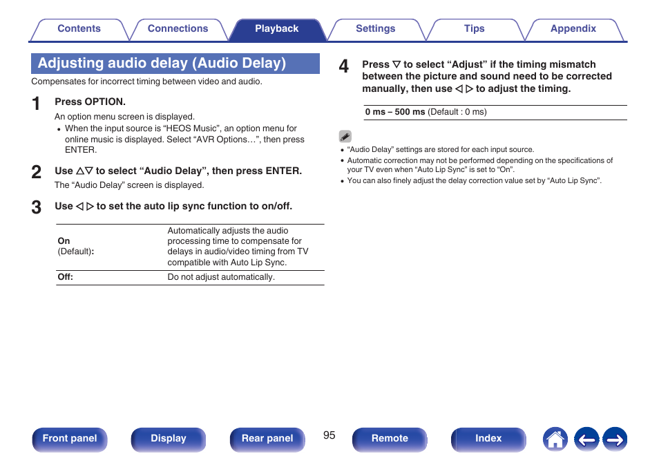 Adjusting audio delay (audio delay), P. 95) | Denon AVR-S660H 5.2-Channel Network A/V Receiver User Manual | Page 95 / 242