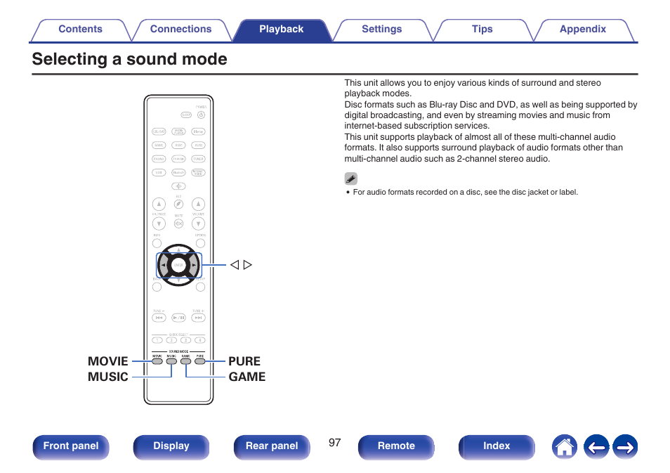 Selecting a sound mode, P. 97), Surround playback | Denon AVR-S660H 5.2-Channel Network A/V Receiver User Manual | Page 97 / 242