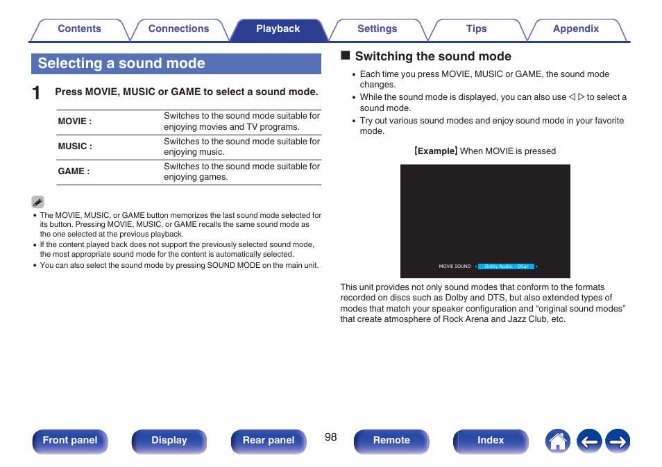 Selecting a sound mode, Oswitching the sound mode | Denon AVR-S660H 5.2-Channel Network A/V Receiver User Manual | Page 98 / 242