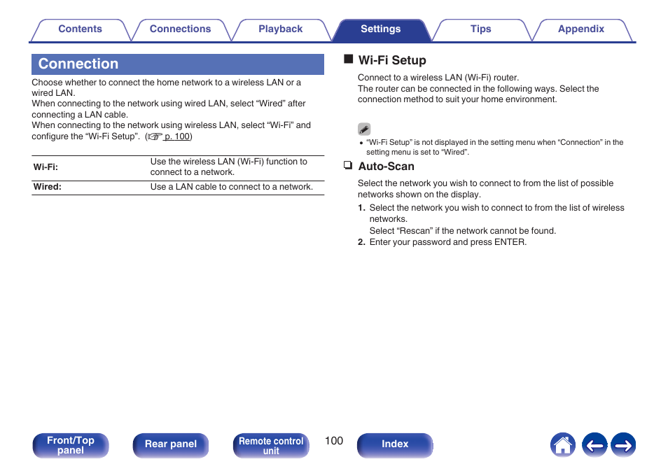 Connection, P. 100), Owi-fi setup | Denon CEOL RCD-N10 Network CD Receiver (Black) User Manual | Page 100 / 149