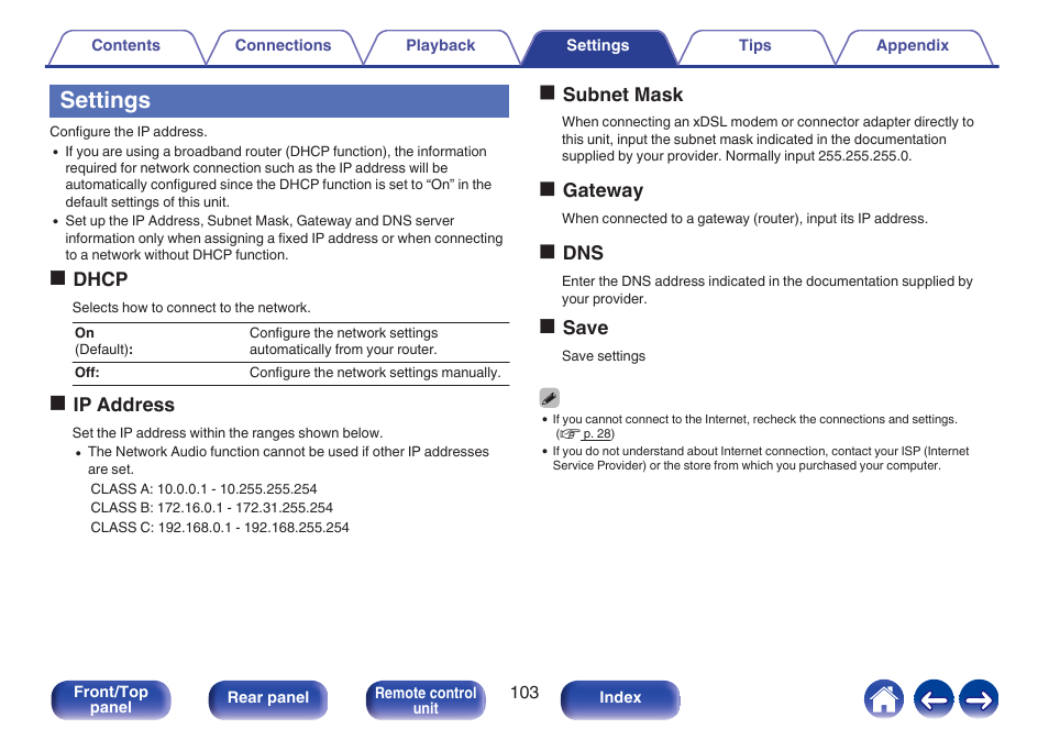 Settings, Odhcp, Oip address | Osubnet mask, Ogateway, Odns, Osave | Denon CEOL RCD-N10 Network CD Receiver (Black) User Manual | Page 103 / 149