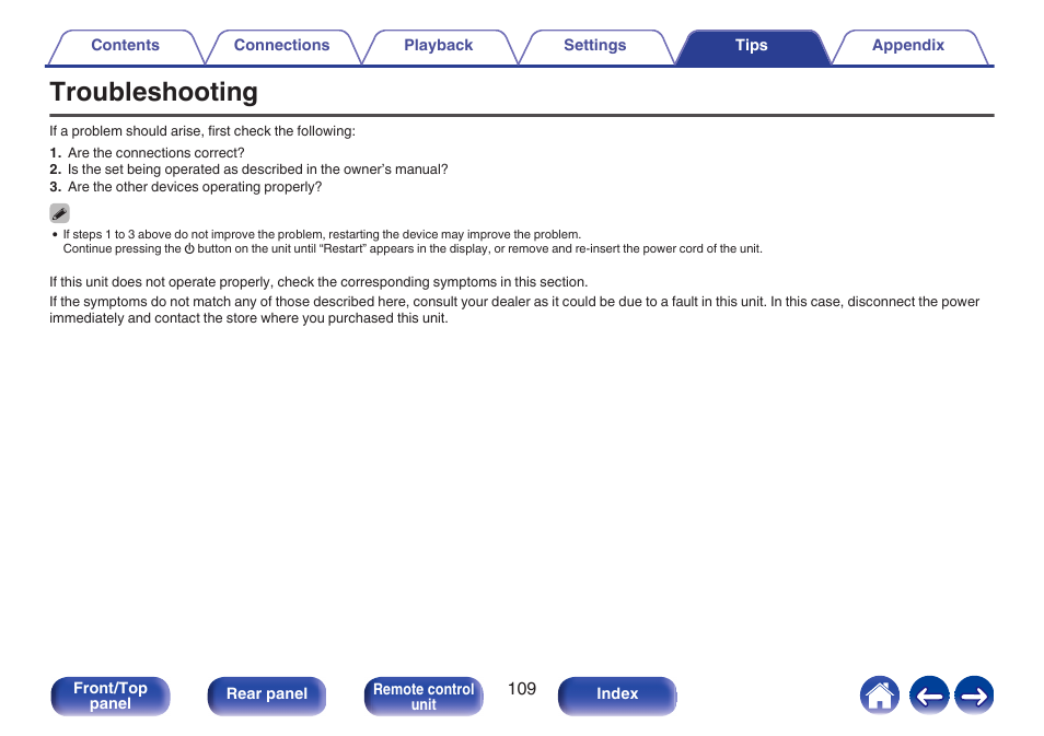 Troubleshooting | Denon CEOL RCD-N10 Network CD Receiver (Black) User Manual | Page 109 / 149