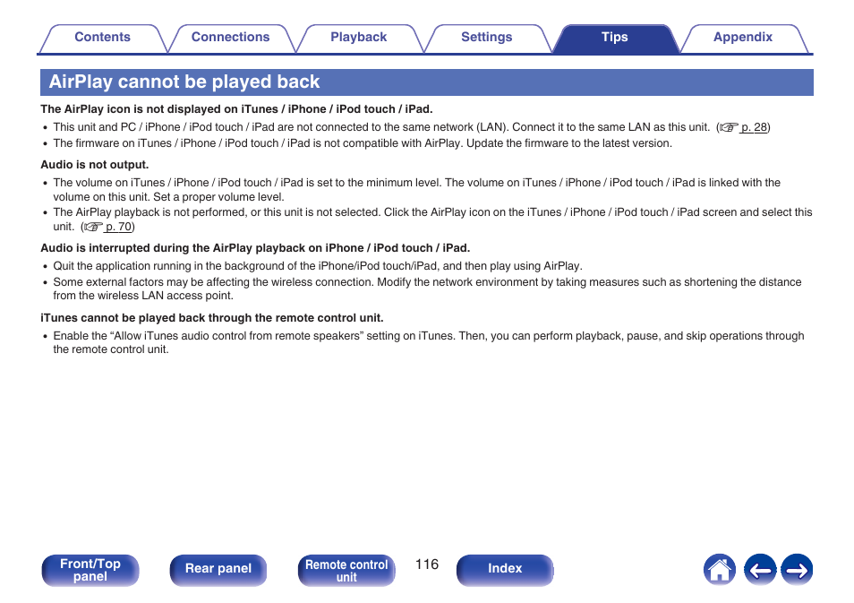 Airplay cannot be played back | Denon CEOL RCD-N10 Network CD Receiver (Black) User Manual | Page 116 / 149