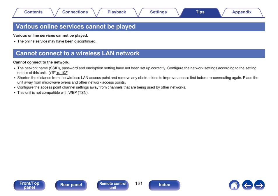Various online services cannot be played, Cannot connect to a wireless lan network | Denon CEOL RCD-N10 Network CD Receiver (Black) User Manual | Page 121 / 149